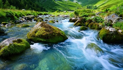 crystal clear mountain river flowing through valley with mossy rocks