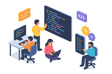 Software development team collaborating on coding projects using multiple devices