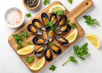 Fresh mussels arranged on wooden cutting board with lem