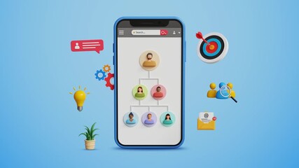 HR Management. Human Resource Planning, Network Administration, IT Management, Enhanced Performance, Recruitment, Training, Workforce., Leadership. Business Expert Managing team on Smartphone.3D Video