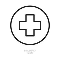 Pharmacy line icon. Round shape. Black outline sign. Medical, medicine, hospital, health, healthcare concept. Vector illustration. Editable stroke. Isolated on a white background. Flat design.