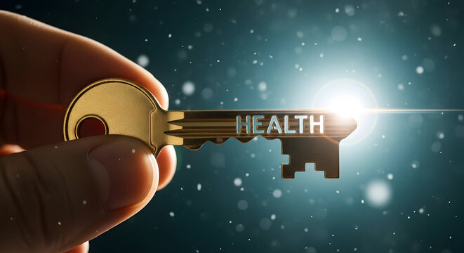 Hand holding a golden key with the word health symbolizing the importance of wellness and access to healthcare shining brightly against a dark blue background with bokeh lights and sparkles