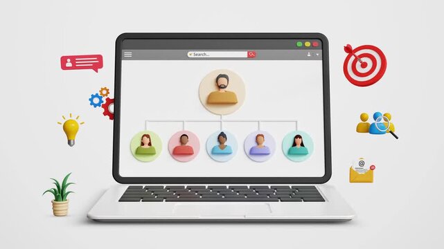 Network Administration, IT Management, Workforce Planning, Talent Development, Leadership, Employee Engagement, Compliance Support, Strategic Human Resources. HR Management on Laptop. 3D Video