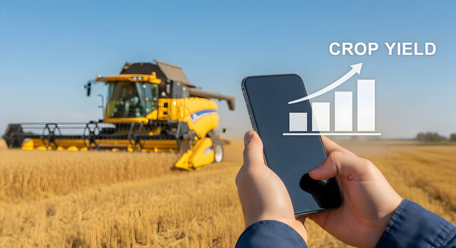 Farmer analyzes crop yield data on a smartphone with a combine harvester in the background showcasing modern agriculture technology and datadriven farming practices for increased efficiency