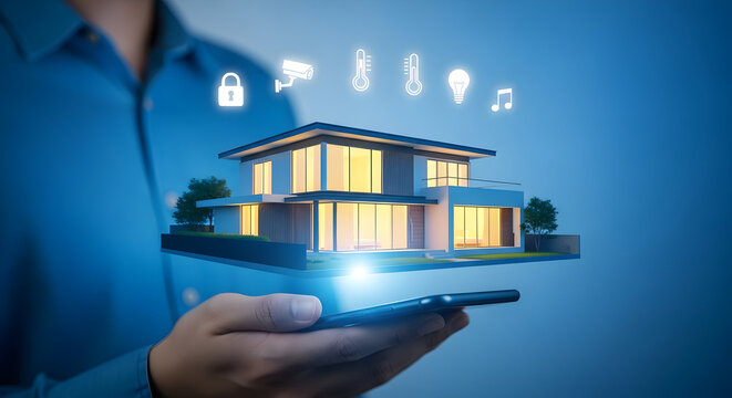 Smart home automation concept showcasing a modern house controlled via a smartphone app featuring security temperature lighting and entertainment system management for enhanced living experience