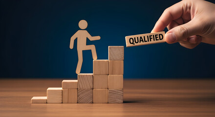 Wooden figure climbs stairs towards qualification hand places the 'qualified' block symbolizing career advancement and skill development on a wooden surface against a blue background