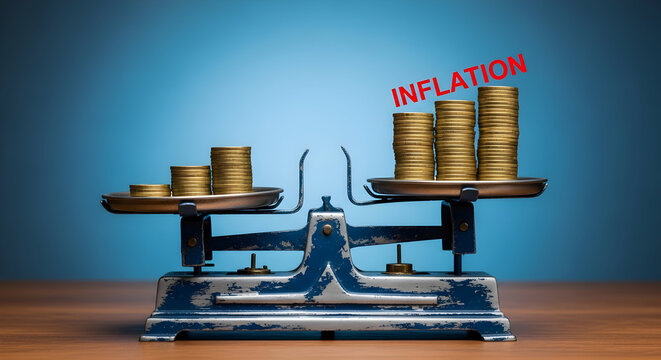Inflation concept shown with stacks of coins on a vintage balance scale illustrating the rising cost of living and economic challenges with a focus on financial stability and investment strategies