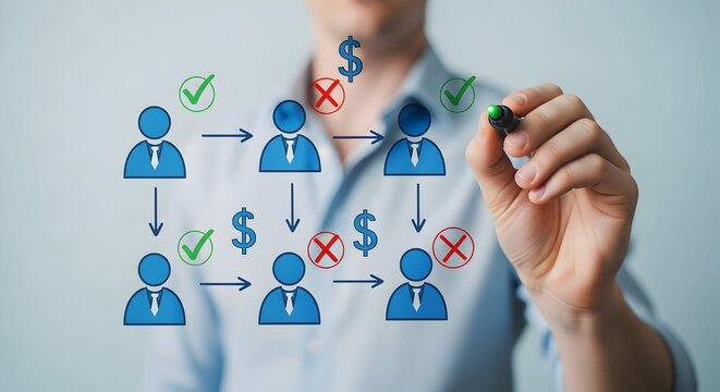 Man draws a business process flow chart with checkmarks and dollar signs indicating success and failure in a visual representation of workflow and financial outcomes
