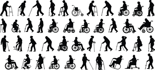 Elderly Disabled People Silhouettes Vector Set of Seniors Using Walkers, Canes, and Wheelchairs, Representing Aging, Mobility, and Healthcare Issues.