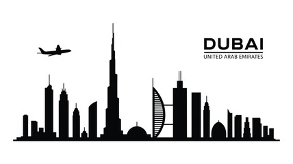 Naklejka premium Iconic dubai skyline silhouette with airplane and city name