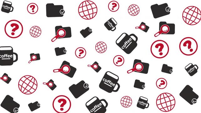 Seamless Pattern of Coffee Cup Icons, Question Marks, Wallets, and Globe Symbols on White Background, Graphic Design, Flat View
