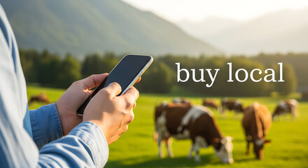 Person using a smartphone in a field with cows and mountains promoting the concept of buying local and supporting local farmers and businesses with technology and rural lifestyle in the countryside