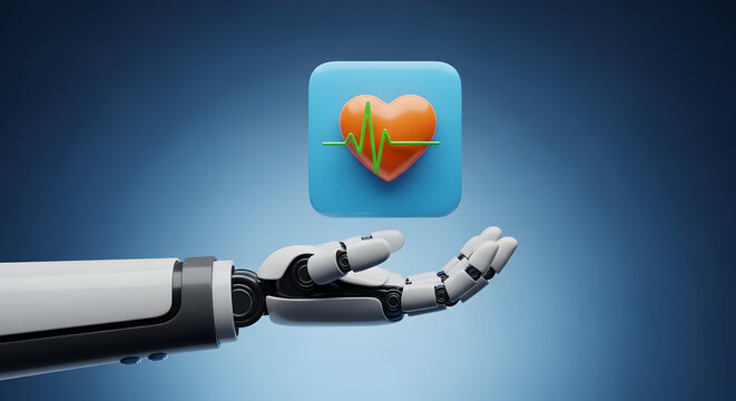 Robotic arm presents a digital health app icon featuring a heart and heartbeat line symbolizing AI in healthcare and telemedicine on a blue gradient background for futuristic technology concepts - Powered by Adobe