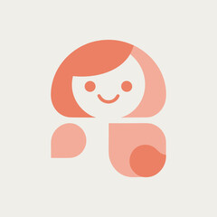 Minimalist Smiling Woman or Girl Logo  Cute, Flat Design Character Icon in Coral Tones