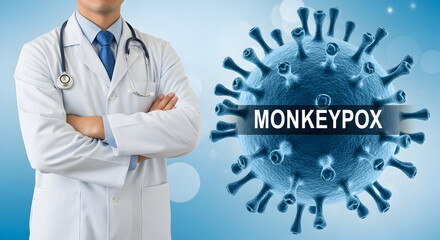 Doctor stands with arms crossed next to a stylized monkeypox virus illustration on a blue background highlighting the medical profession's role in understanding and combating infectious diseases