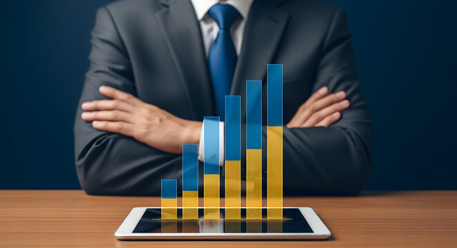 Businessman presents financial growth charts on a tablet showcasing positive trends in business analytics and investment strategies for success in the stock market and economic development planning