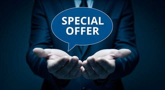Businessman presents a special offer in a speech bubble showcasing a marketing promotion and discount deal ideal for advertising campaigns and sales announcements in business contexts