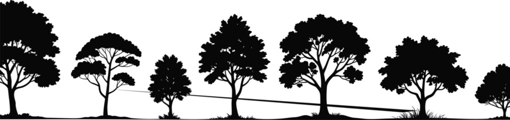 Forest Tree Silhouettes Vector Horizon Line, Featuring Different Woodland Shapes, Natural Landscape Border, and Eco Environment Park Graphics for Design Backgrounds.