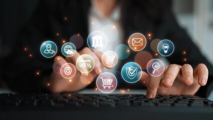 Set of business and digital service icons representing finance, cloud, analytics, email, communication, ecommerce, cybersecurity, and global connectivity in a modern ecosystem Marrow