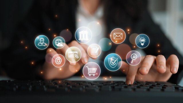 Set of business and digital service icons representing finance, cloud, analytics, email, communication, ecommerce, cybersecurity, and global connectivity in a modern ecosystem Marrow