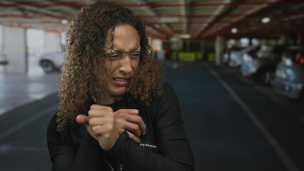 Transgender hispanic woman wearing black top clutches fist by face amid parked cars in indoor parking building; disgust revulsion discomfort.