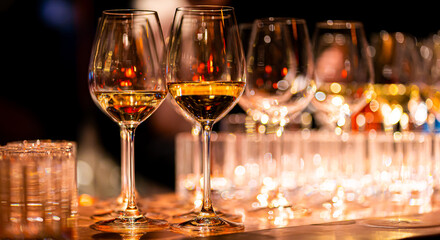 Elegant scene of wine being poured into glasses aligned in a row, showcasing the rich colors and graceful flow of the liquid, set against a dark, warm background, ideal sophisticated dining settings