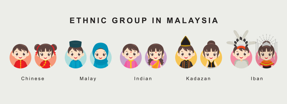 Vector illustration of colours of Malaysia. Malay, Indian, Chinese, India, Kadazan, Iban. Flat design. Malaysia main ethnic groups with traditional costume