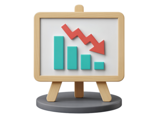 3D render of a whiteboard with a falling bar graph and arrow concept for financial loss Transparent PNG