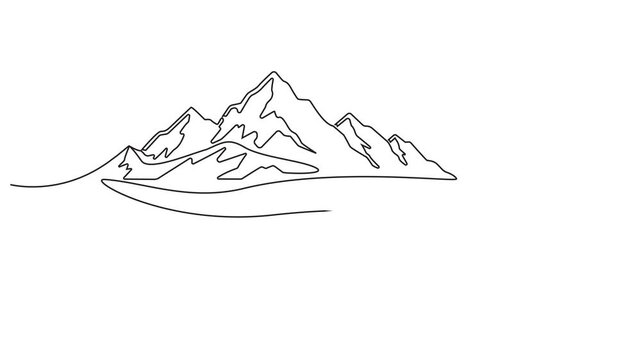 Self animated drawing of continuous one line mountain landscape. Mountains minimalistic single line drawing. 4k animation