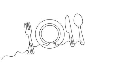 Video. Fork, knife, spoon with plate and chef's cap in one solid line. Single line editable cutlery template for business cards, banners. Symbol of cafe, restaurant. Animation on white background 4K.