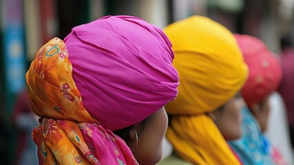Women with vibrant headscarves gathered together, great for cultural or community related themes
