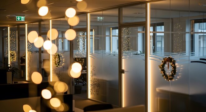 Festive office setting adorned with wreaths and decorative lights creating a warm, inviting ambience.