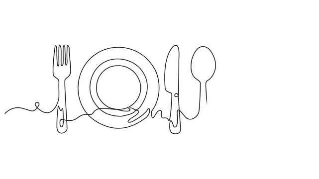 Video. Fork, knife, spoon with plate and chef's cap in one solid line. Single line editable cutlery template for business cards, banners. Symbol of cafe, restaurant. Animation on white background 4K.