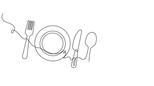 Video. Fork, knife, spoon with plate and chef's cap in one solid line. Single line editable cutlery template for business cards, banners. Symbol of cafe, restaurant. Animation on white background 4K.