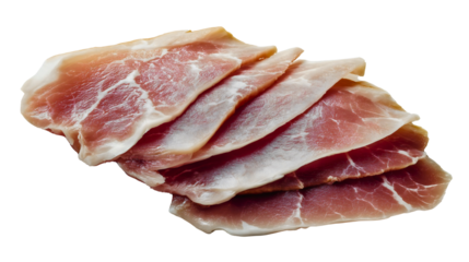 Thinly sliced raw pork meat, fresh uncured ham pieces, organic protein food ingredient, red bacon strips, a savory cooking product for breakfast.