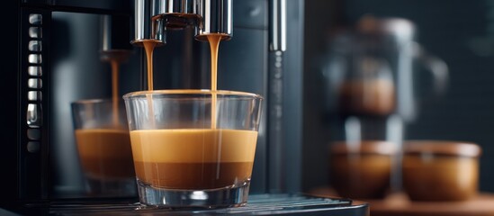 Espresso machine pouring coffee into a glass cup with crema.