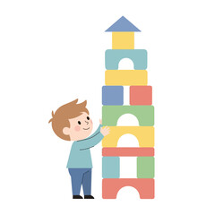 Illustration of a young boy building a tall tower with colorful toy blocks.