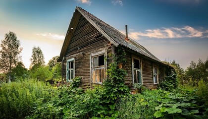 abandoned wooden house with overgrown vegetation
