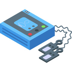 Fototapeta premium Isometric Pixel Art Medical Device with Two Electrode Pads Connected by Wires Blue and Gray Machine with Screen Displaying User Icon and Red Green Buttons for Healthcare Technology and Data Analysis