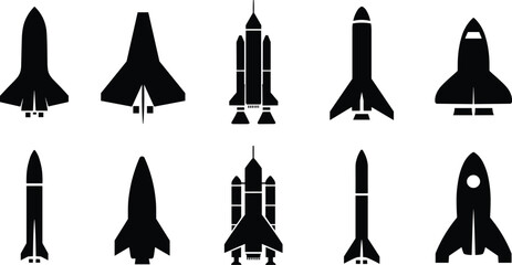 Space Flight Vehicles Silhouettes Vector Icon Set, Featuring Different Styles of Space Shuttles and Rockets, Illustrating Exploration, Technology, and Aerospace Graphics.