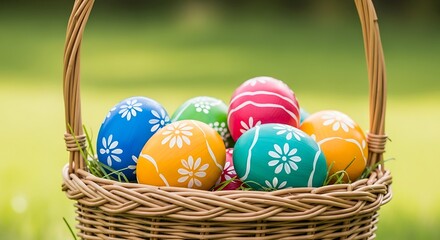 Decorated easter eggs in a wicker basket against a blurred green background