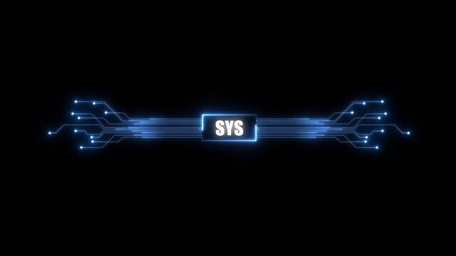 animation neon shows process of turning on the SYS in the motherboard. 4K SYS chip set and electric circuit with data transfer moving on dark background for technology cyber and futuristic concept