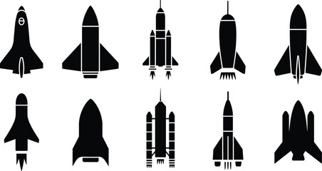 Spacecraft Silhouettes Vector Icon Set, Featuring Rockets, Launch Vehicles, and Shuttles, Illustrating Space Exploration, Travel, Technology, and Future Missions.