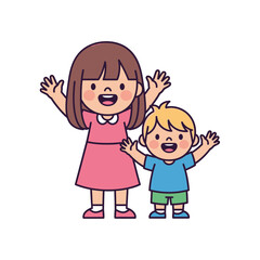 Illustration of a girl and a boy with their arms raised, smiling and looking happy.