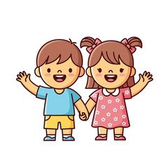 Cartoon illustration of a boy and girl holding hands and waving.