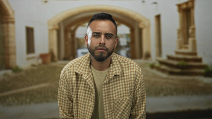 Fototapeta premium Man with beard standing on an old town street looking at camera and leaning slightly forward; quiet contemplation.