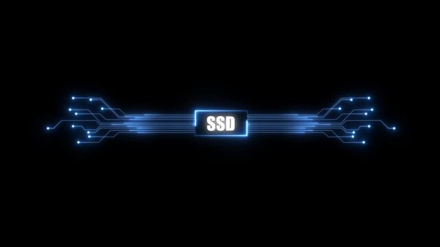 animation neon shows process of turning on the SSD in the motherboard. 4K SSD chip set and electric circuit with data transfer moving on dark background for technology cyber and futuristic concept