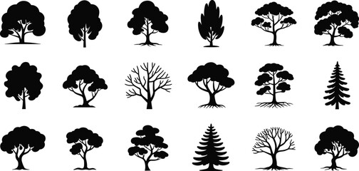 Tree Silhouette Vector Set of 18 Different Styles, Featuring Deciduous, Evergreen, and Bare Trees for Forestry, Environment, and Natural Landscape Graphics.