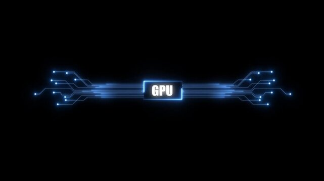 animation neon shows process of turning on the GPU in the motherboard. 4K GPU chip set and electric circuit with data transfer moving on dark background for technology cyber and futuristic concept