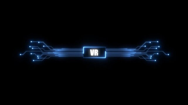 animation neon shows process of turning on the VR in the motherboard. 4K VR chip set and electric circuit with data transfer moving on dark background for technology cyber and futuristic concept